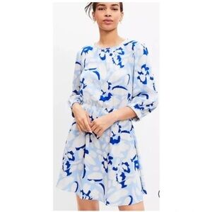 Loft Linen Blend Dress Blue Floral A-Line Soft Coastal Breezy Career Large Tall